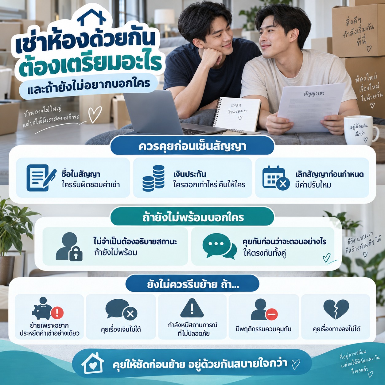 ภาพแสดงคู่รักชายกำลังดูสัญญาเช่าและวางแผนเรื่องการอยู่ร่วมกัน พร้อมสรุปประเด็นสำคัญเรื่องสัญญา เงินประกัน การเปิดเผยความสัมพันธ์ และสัญญาณที่ยังไม่ควรรีบย้าย