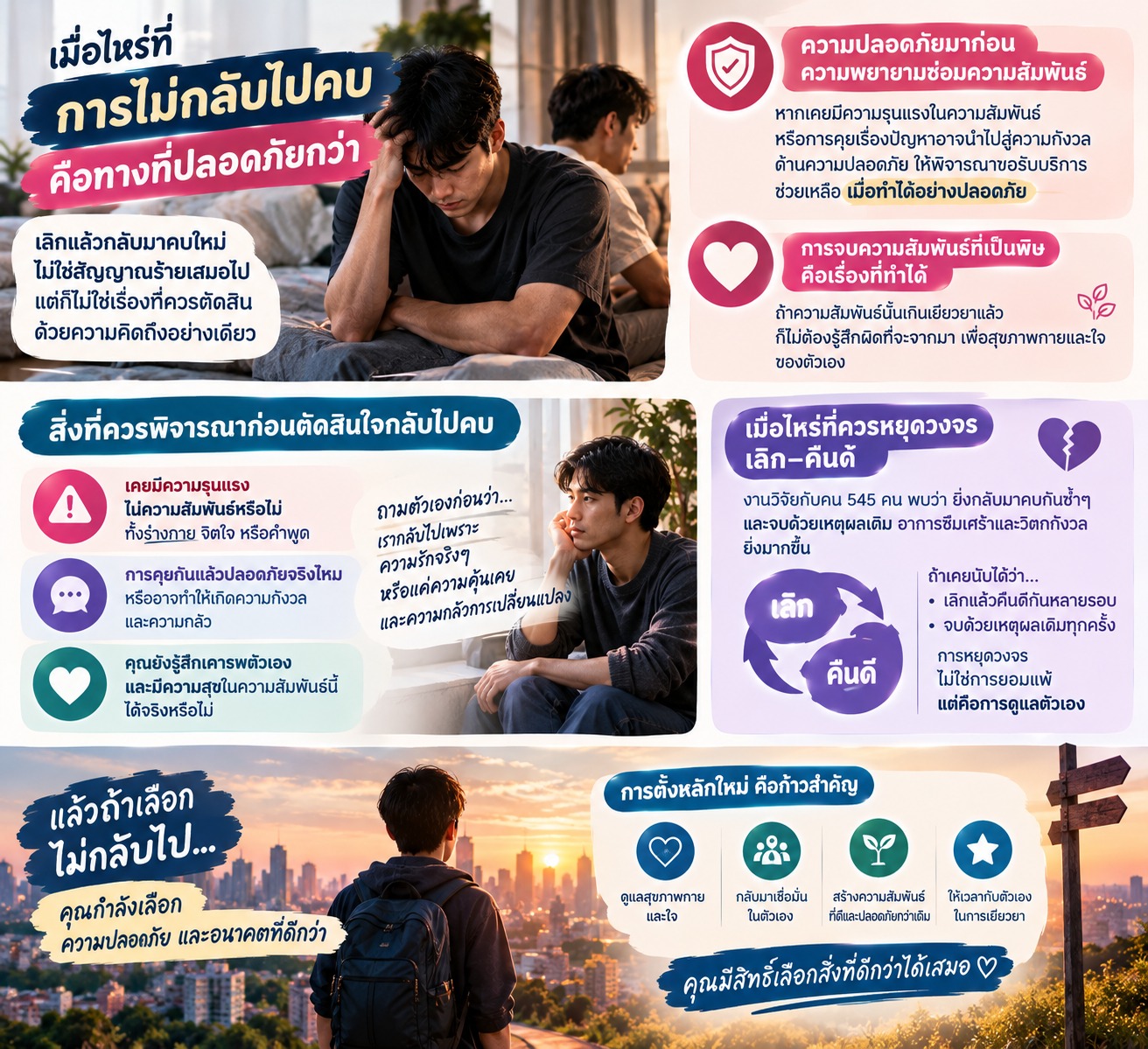 ภาพเกี่ยวกับการตัดสินใจไม่กลับไปคบกับคนรักเดิม เน้นความปลอดภัยทางอารมณ์ การเคารพตนเอง และสัญญาณเตือน เช่น ความรุนแรง การควบคุม การทำร้ายจิตใจ หรือปัญหาเดิมที่เกิดซ้ำ พร้อมแนวทางดูแลตนเองและเริ่มต้นชีวิตใหม่