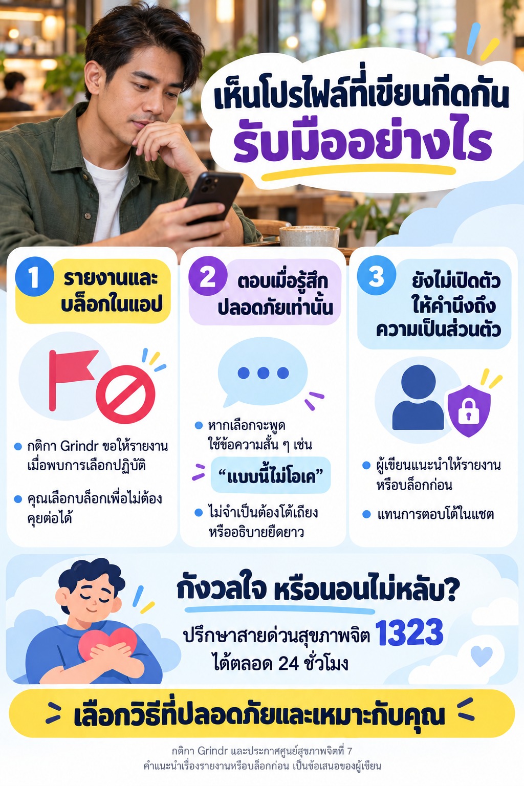 ภาพแนะนำให้ตอบเมื่อรู้สึกปลอดภัย ไม่จำเป็นต้องโต้เถียง พร้อมข้อมูลสายด่วนสุขภาพจิต 1323 เมื่อกังวลใจหรือนอนไม่หลับ