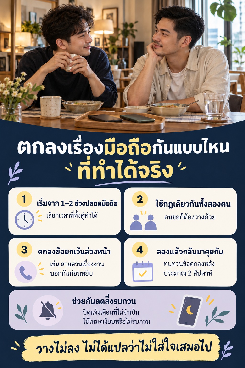 ภาพคู่ผู้ชายพูดคุยกันโดยวางมือถือบนโต๊ะ พร้อมข้อตกลงเรื่องช่วงปลอดมือถือ กฎร่วมกัน ข้อยกเว้น และการทบทวนหลังลองสองสัปดาห์